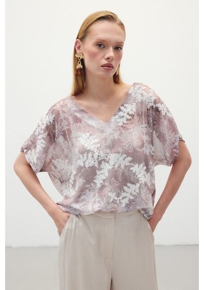 Sateen Nakışlı Kısa Kol Bluz - Camel-136299 CAMEL