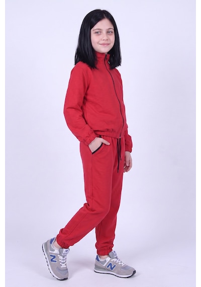 Panios Kids Kız Çocuk Dik Yaka Fermuarlı Beli Bağcıklı Lastik Paça Eşofman Takımı Kırmızı