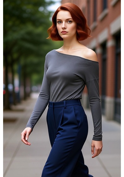 Ersefa Moda Kayık Yaka Örme Slim Çizgili Desen Casual Günlük Regular Uzu Antrasit