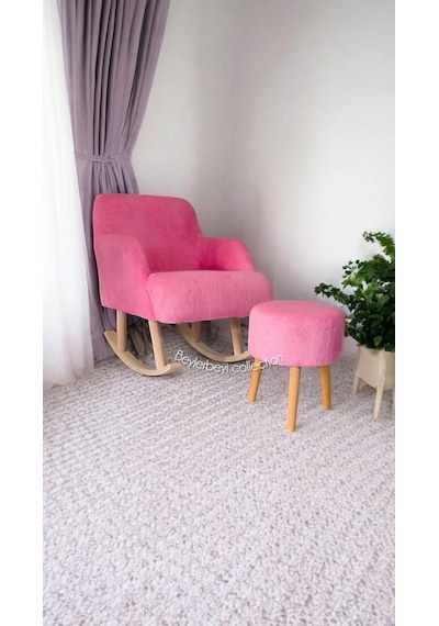 Sallanan Ahşap Ayaklı , Pembe. Rengi Berjer Koltuk - Puf Hediyeli Pembe