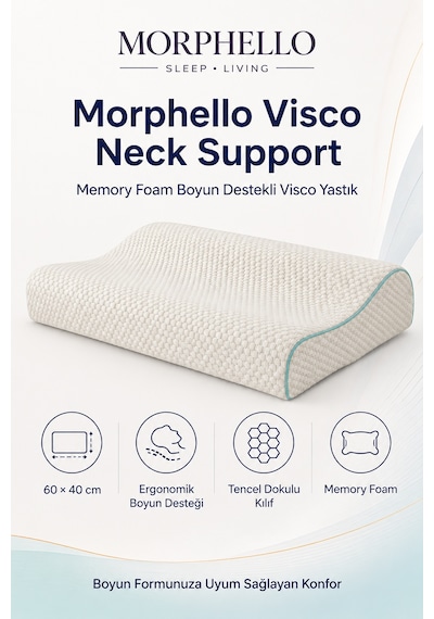 Morphello Neck Support Ortopedik Boyun Destekli Visco Yastık 60x40 Cm Memory Foam, Fermuarlı Yıkanabilir Kılıf Beyaz - Yeşil