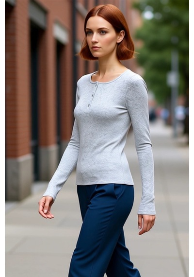 Ersefa Stil Kadın Çıtçıtlı Fitted Vücuda Oturan Fitilli Esnek Bluz Regul Gri Melanj