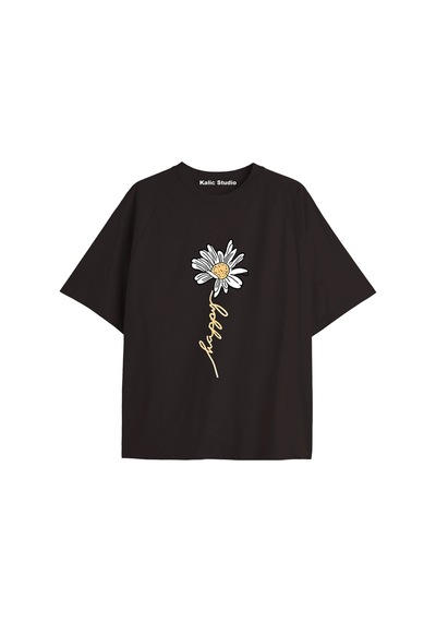 Kalic Studio Kadın Çiçek Özel Baskılı Renkli Oversize Penye Pamuklu Bisiklet Yaka T-shirt Siyah-7