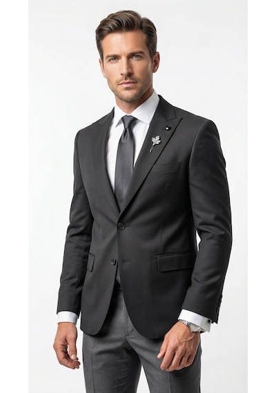 Plus Scorpion Erkek Blazer Ceket Twill Puntolu Kırlangıç Yaka 2 Düğmeli Çift Yırtmaçlı Slim Fit Siyah