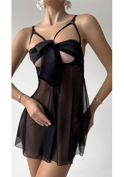 Suısy Midnight Gift Siyah Fiyonklu Tül Babydoll Gecelik