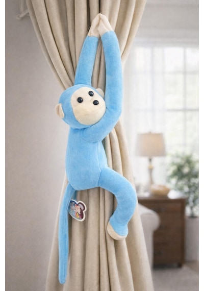 Maymun Yapışkanlı Vikvik Sesli 60cm - Maymun Peluş Oyuncak Açık Mavi