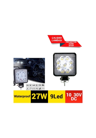 Carub Çalışma Lambası 10-30v 27w Off Road 9 Led Kare Siyah
