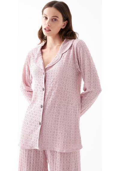 Akbeniz Kadın Pembe Önden Düğmeli Rahat Kesim Pijama Takımı