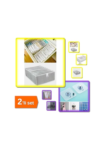 8 Gözlü Akordiyon Çekmece Düzenleyici + 3 Adet Yapışkanlı Mutfak Banyo Askısı - 2li Set M2s5s8 El İş Diğer