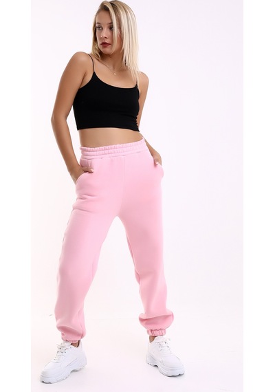 Winmoda34 Kadın Üç İplik İçi Şardonlu Polarlı Eşofman Altı Jogger Rahat Kalıp Pembe