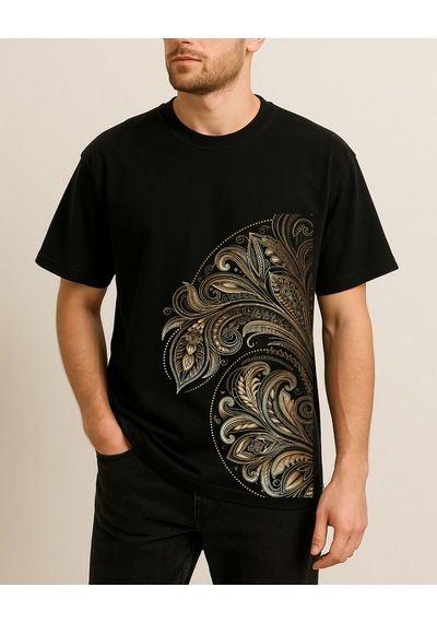 Yandan Baskılı Etnik T-shirt Siyah