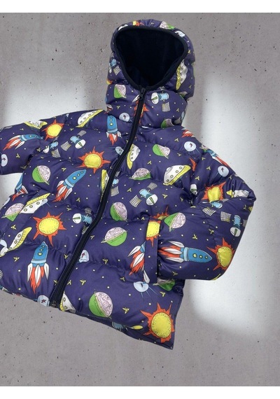 Erkek Çocuk Polarlı Kapüşonlu Ufo Desenli Kışlık Şişme Mont & Kaban & Parka-82 Çok Renkli