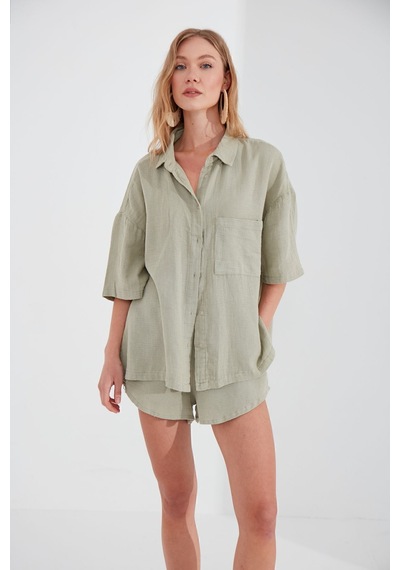 Manche Müslin Kadın Oversize Gömlek Olive Mks166965-01