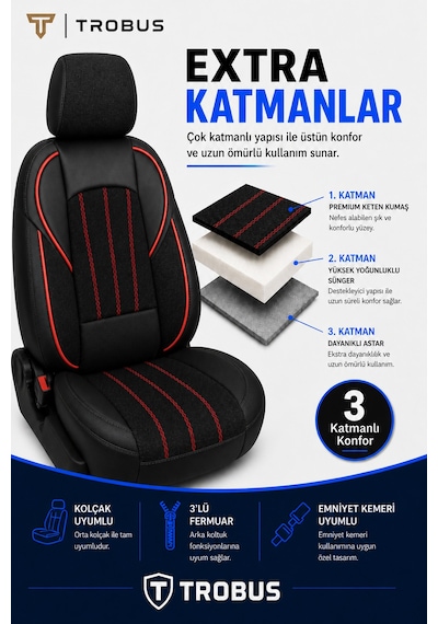 Mg Hs 2018+ Uyumlu Ankaflex Bel Destekli Keten Deri Siyah Kırmızı Koltuk Kılıfı