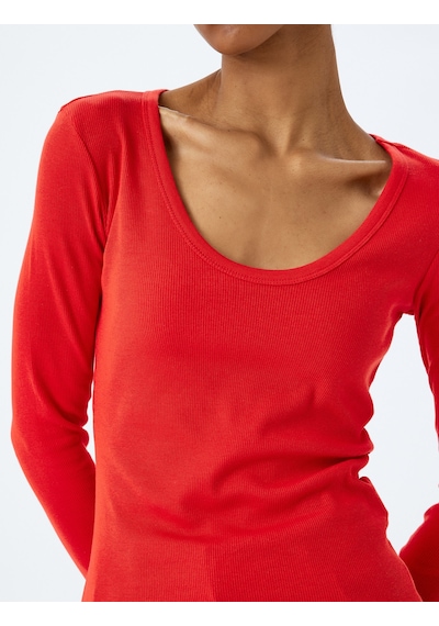 Koton Pamuklu Uzun Kollu U Yaka Slim Fit Fitilli Tişört Kırmızı 5sak50232ek Kırmızı