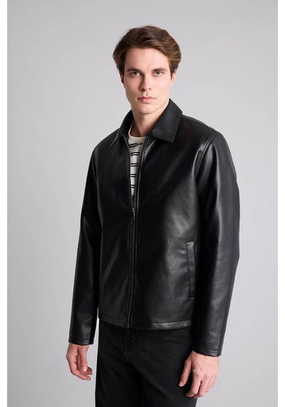 Defacto Regular Fit Mevsimlik Suni Siyah Erkek Deri Ceket E8888ax/bk27