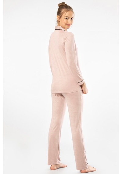 Türen 3365 Kadın Uzun Kollu Gömlek Yaka Pijama Takım-pudra Pudra