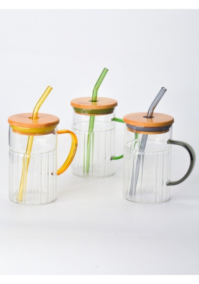 Bambu Kapaklı Cam Pipetli Kupa 420 Ml Sarı