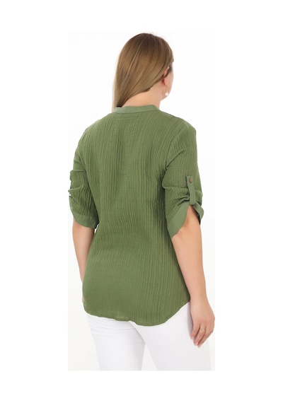 Lady Majestic %100 Cotton Hakim Yaka Büyük Beden Kadın Müslim Kumaş Gömlek Haki