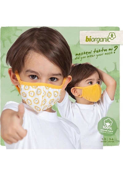 Lindobaby Bibaby Organik Maske 2Li Aslanlı Beyaz - Hardal