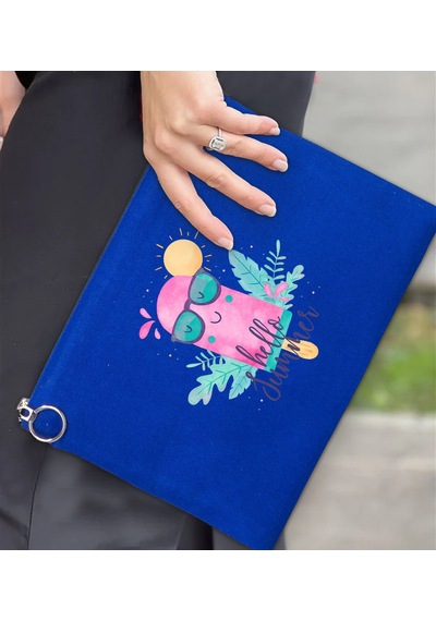 Bk Gift Yaz Temalı-5 Astarlı Mavi Portföy Çanta 30x21cm, Baskılı El Çantası, Organizer Çanta