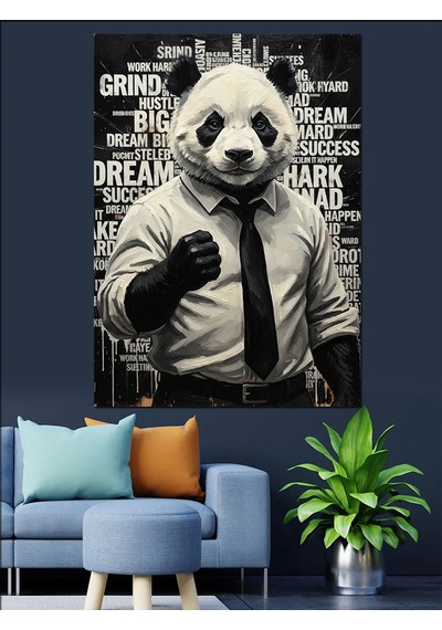 Ahşap Tablo Motivasyon Yazıları Fonlu Panda Siyah Beyaz