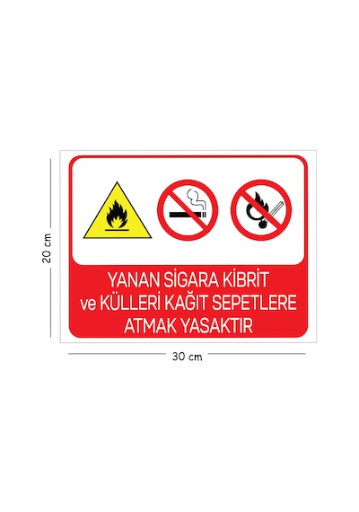 Metal Yanan Sigara Kibrit Ve Külleri Kağıt Sepetlere Atmak 20x30 Cm A4 Uyarı İş Güvenliği Levhası
