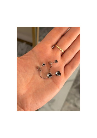 Siyah Tek Taş Model Silver Detaylı Tasarım Küpe Gümüş
