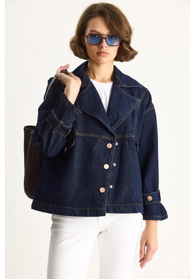 Shade Kadın Geniş Yaka Uzun Kollu Ayarlanabilir Manşetli Denim Ceket 6089 60283543 - Lacivert