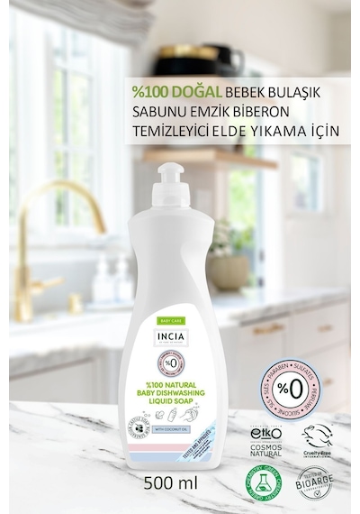 INCIA %100 Doğal Bebek Bulaşık Sabunu Bitkisel Emzik Biberon Temizleyici Vegan 500 ml