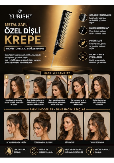Profesyonel Metal Saplı Özel Dişli Krepe Tarağı , Kuaför Tarağı 0