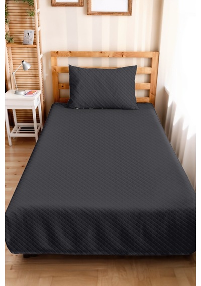 Antrasit Modern Genç Odası Tek Kişilik Pike Takımı - Gri Minimal 160x220 Cm Kapitone Yatak Örtüsü Perde Şafak Sessizliği