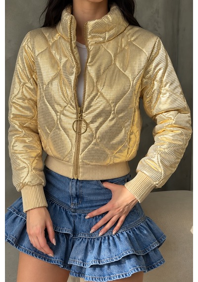 Weshaya New Collection Kadın Yeni Sezon, Gold Ekose Kareli, Astarlı, Cepli, Fermuarlı, Beli Ve Kolları Lastikli İnce Mont Altın