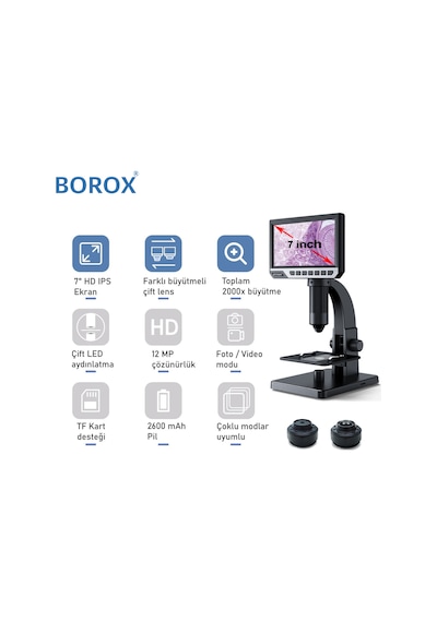 Borox Lab Dijital Mikroskop Çift Lens 2000x Büyütme 7'' 12 Mp