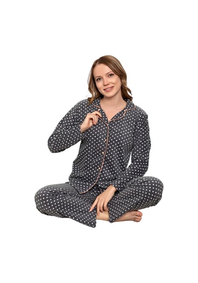 Nisanca Kadın Kışlık Welsoft Peluş Polar Düğmeli Pijama Takımı Füme