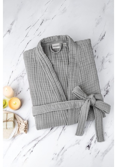 Unisex Kimono Müslin Bornoz + Havlu Seti Gri-grı Gri