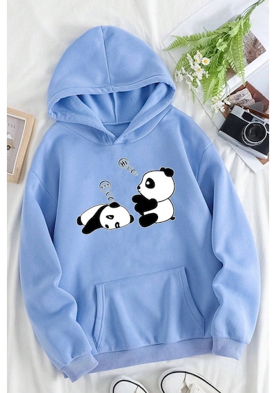 Uyguntarz Unisex Panda Baskılı Oversize Sweatshirt Bebe Mavisi