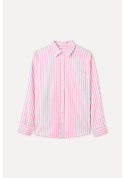 Mudo Kadın Kadın Pembe Çizgili Oversize Tek Cepli Uzun Kollu Gömlek 1265904