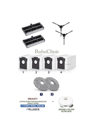 Dreame L10s Pro Ultra Heat Robot Süpürge Rll82ce Uyumlu Fırça, Hepa Filtre, Mop Paspası, Toz Torba 10 Parça