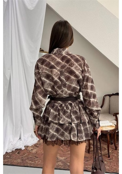 Neşeli Butik Kadın Kahverengi Gömlek Yaka Kat Kat Ekose Desen Mini Elbise Nbnp025 Kahverengi