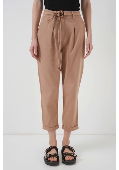 Defymoda 6660 Kemerli Keten Pantolon - Bisküvi Bisküvi