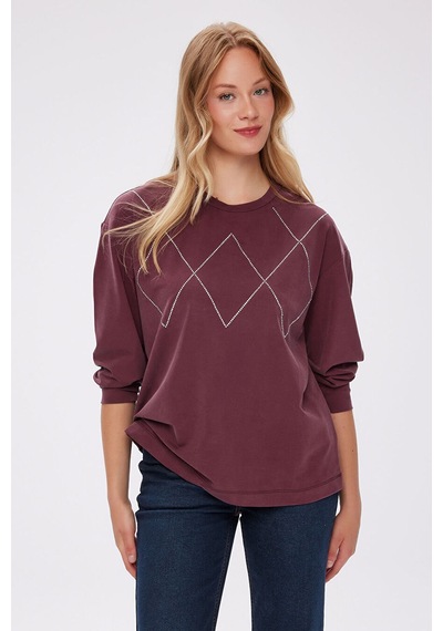 Faik Sönmez Taş Detaylı Bisiklet Yaka Tenselli Sweatshırt W27swt007 Uw27swt00740 Bordo