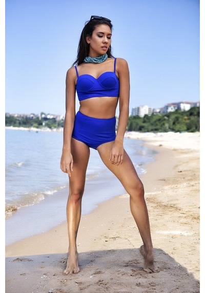 Zi Saks Mavisi Yüksek Bel Bikini Alt Üst Takım