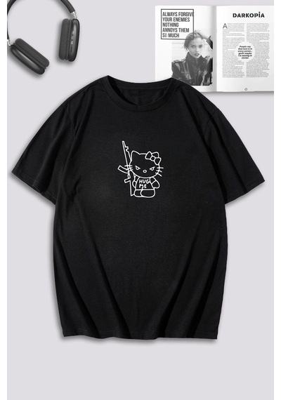 Unisex Kadın Erkek Hello Kitty Hug Me Baskılı Özel Tasarım Oversize T-shirt Siyah Mck0056 Siyah