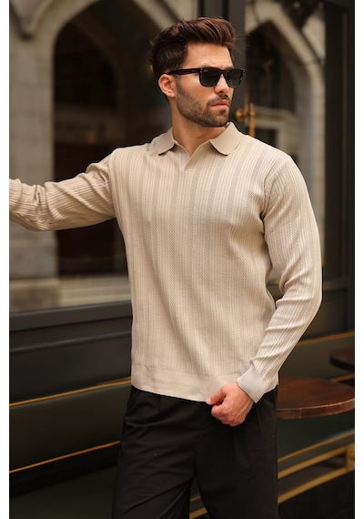 Madmext Taş Rengi Polo Yaka Desenli Over Fit Erkek Triko Kazak E7517
