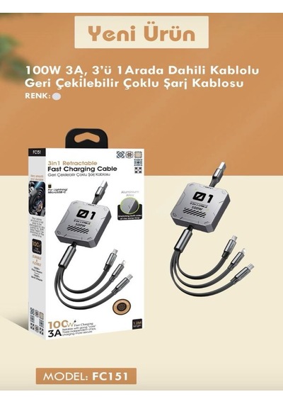 100w 3a Çoklu Hızlı Şarj Kablosu 3in1 Lightning + Type-c + Micro Usb, 1.2m Çoklayıcı Alüminyum 100w