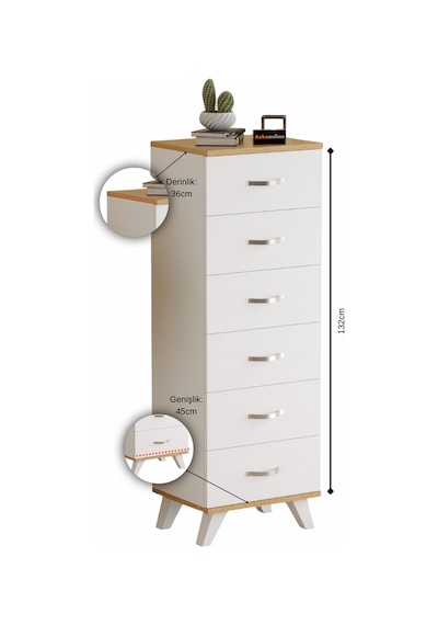Aeka Ae-3038 Belinda 6 Çekmeceli Beyaz Çam Şifonyer Komodin 132 45 36 Cm