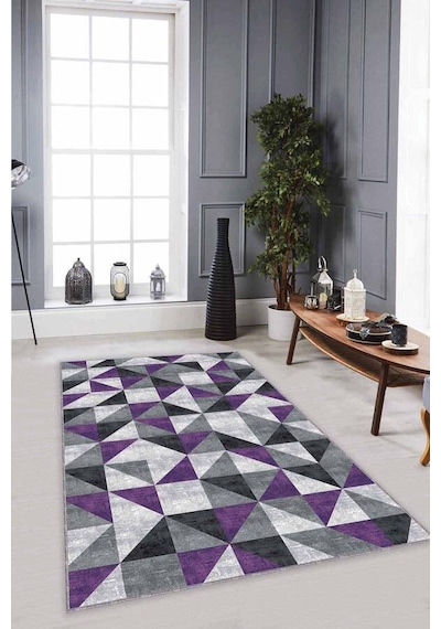 Mor Geometrik Kaymaz Tabanlı Makinede Yıkanabilir Halı Pr05n11