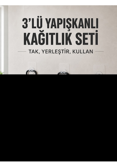 3 Adet Yapışkanlı Rulo Tutucu Siyah Metal Tuvalet Kağıdı Askısı - Lisinya