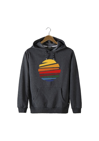 Unisex Antrasit Kapüşonlu Önü Güneş Baskılı Slim Fit Kanguru Cepli Sweatshirt Antrasit